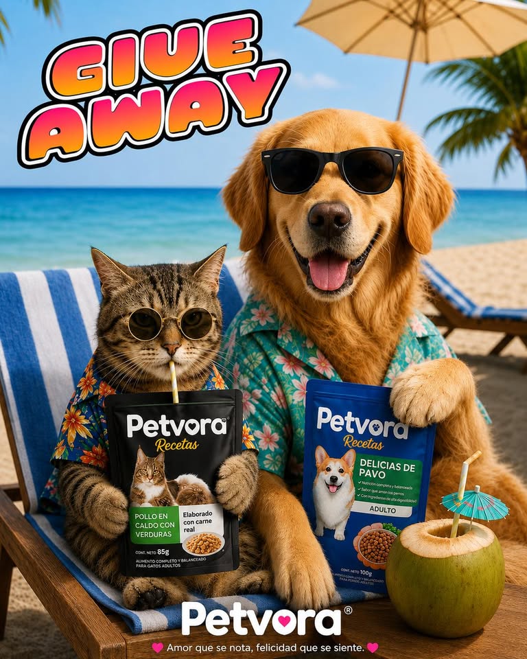 Perro golden y gato con lentes de sol en la playa sosteniendo productos Petvora